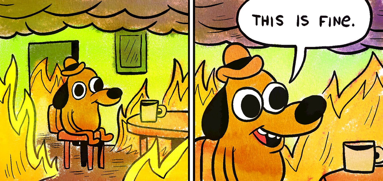 Meme of a comic dog stating "This is fine", as the house burns down around him.
